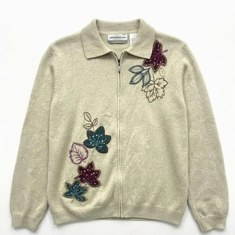 Alfred Dunner Leaf Applique Zip Cardigan Women Extra Large Petite Tan Beaded